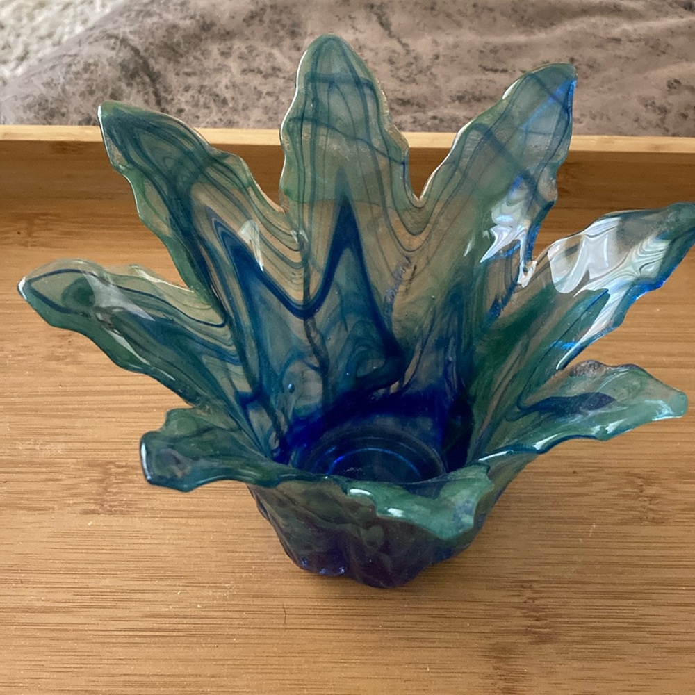 Murano Blue and Green Glass Leaf Bowl